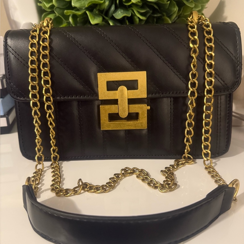 Black and Gold Quilted Shoulder Bag with Chain Straps